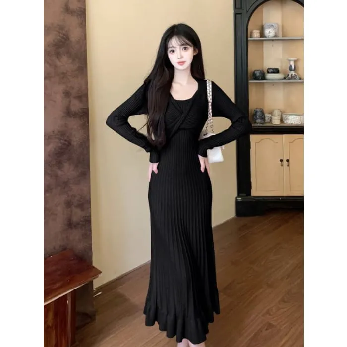 Long Sleeve Round Neck Plain Ruffle Mock Two Piece Twist Knit Midi A-Line Dress