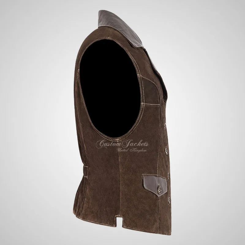 MABEL Ladies Suede Waistcoat Vest with Leather Collars