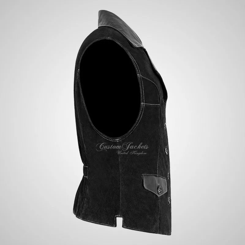 MABEL Ladies Suede Waistcoat Vest with Leather Collars