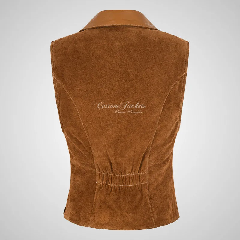 MABEL Ladies Suede Waistcoat Vest with Leather Collars
