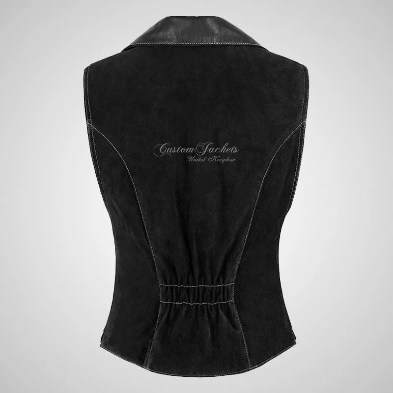 MABEL Ladies Suede Waistcoat Vest with Leather Collars