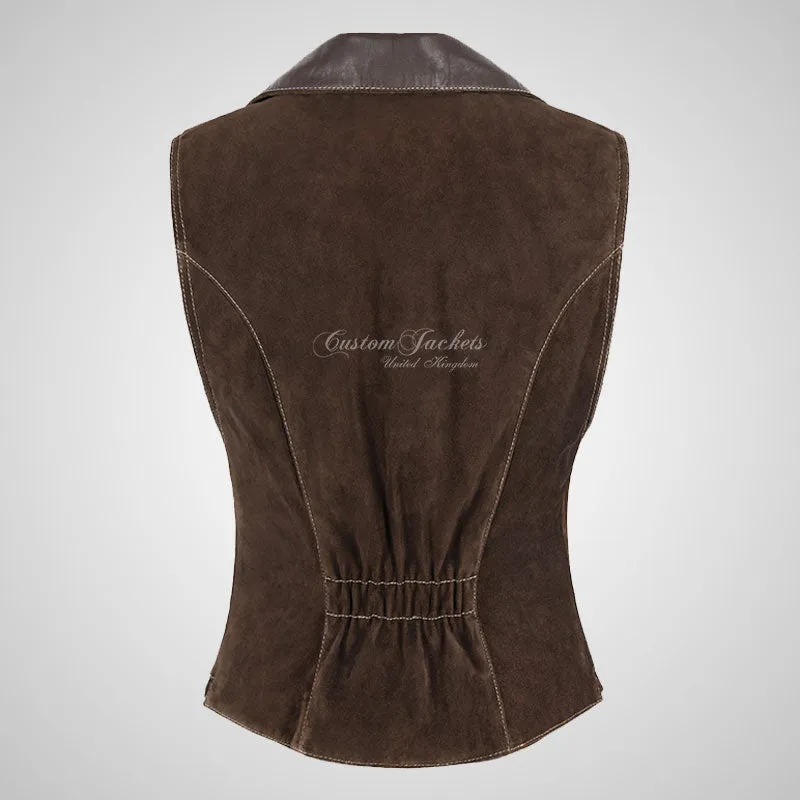 MABEL Ladies Suede Waistcoat Vest with Leather Collars