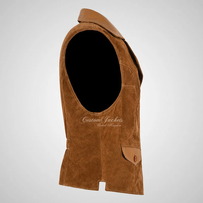 MABEL Ladies Suede Waistcoat Vest with Leather Collars