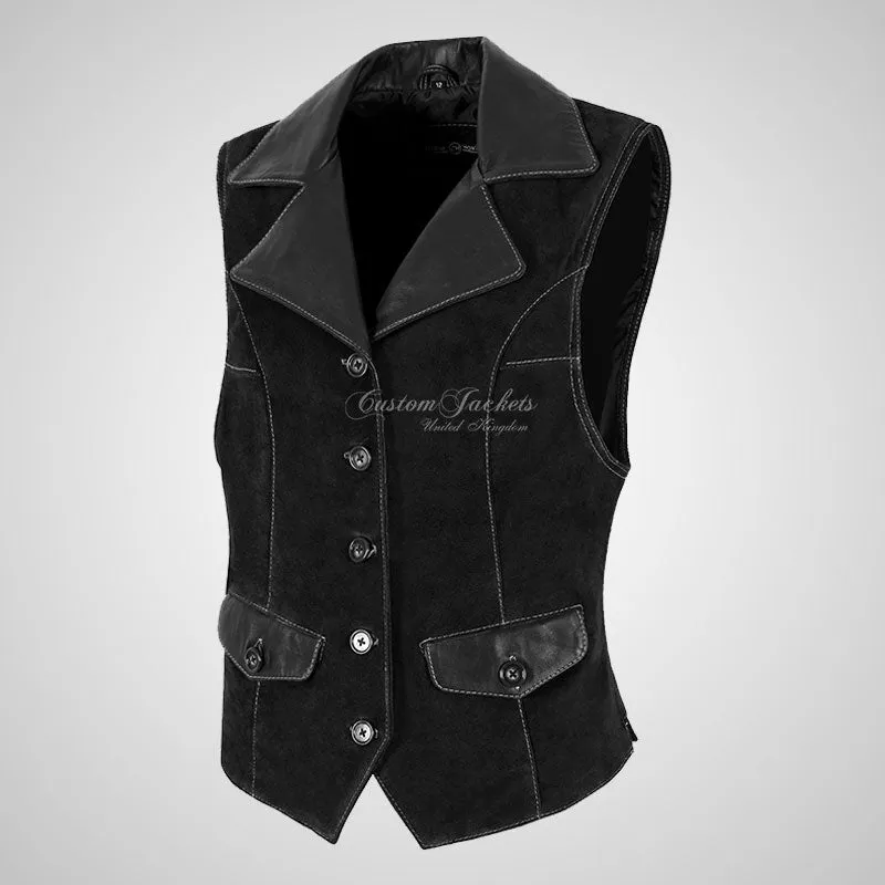 MABEL Ladies Suede Waistcoat Vest with Leather Collars