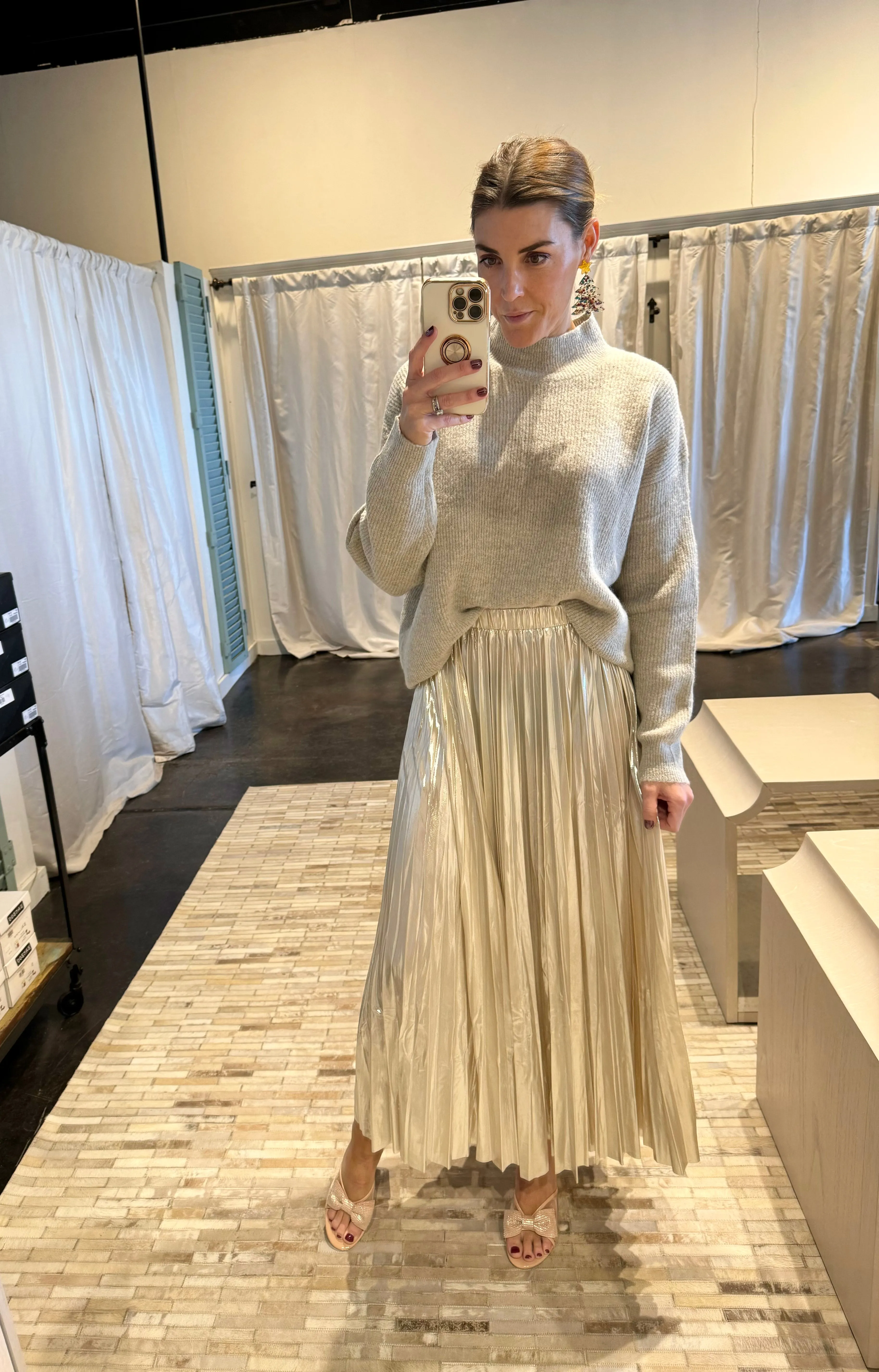 metallic blush pleated skirt