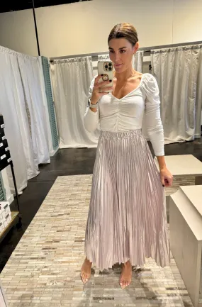 metallic blush pleated skirt