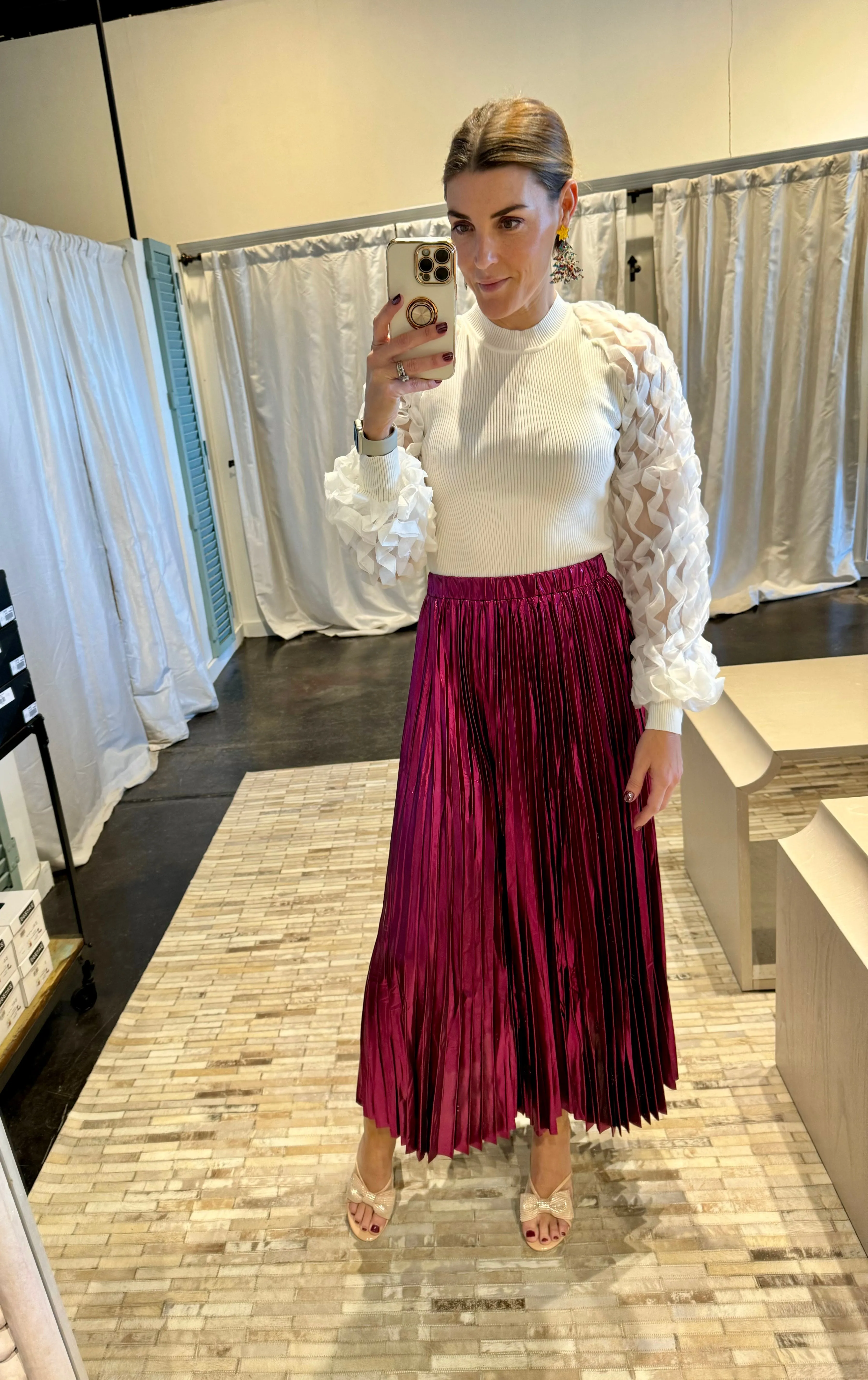metallic blush pleated skirt