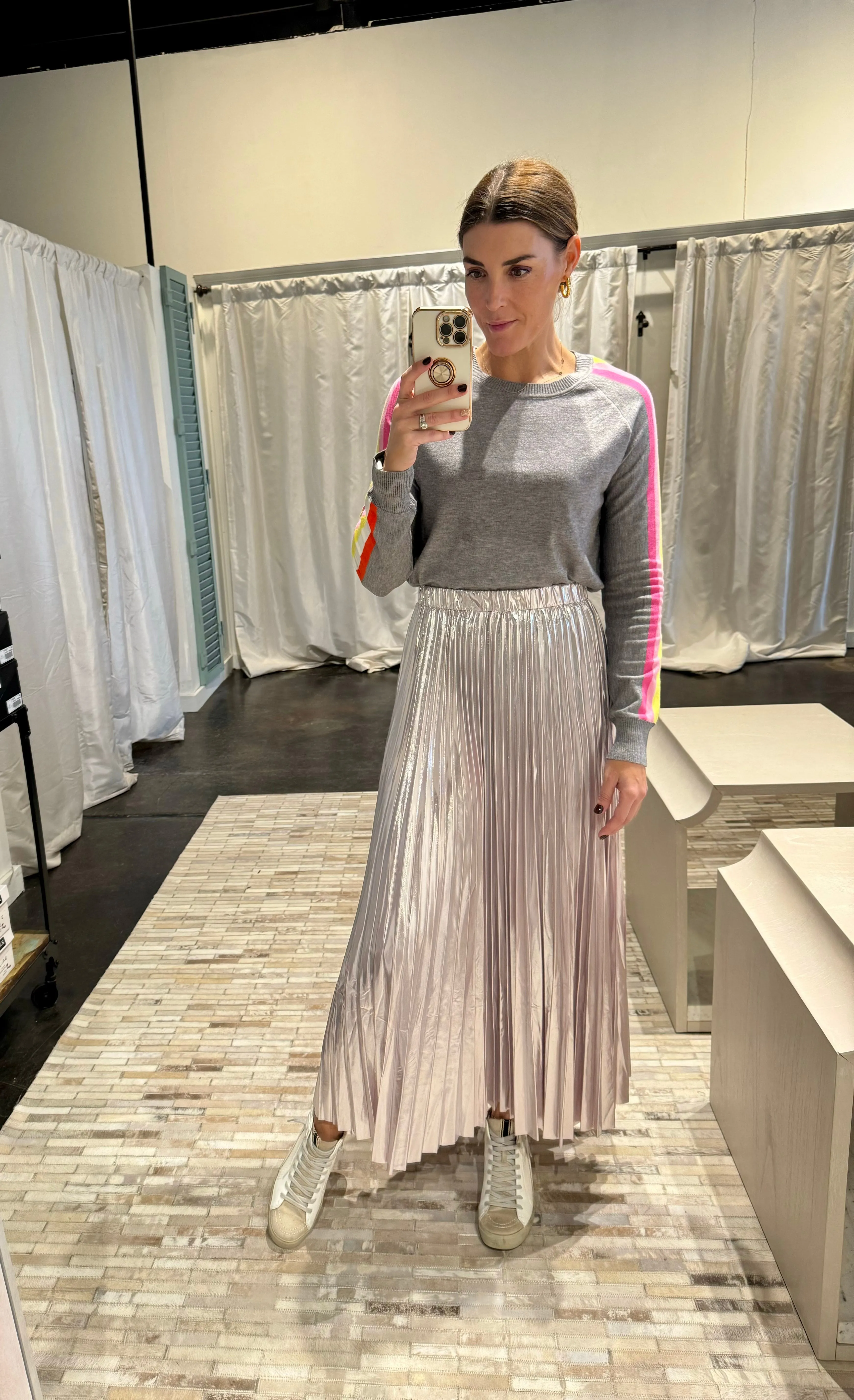 metallic blush pleated skirt
