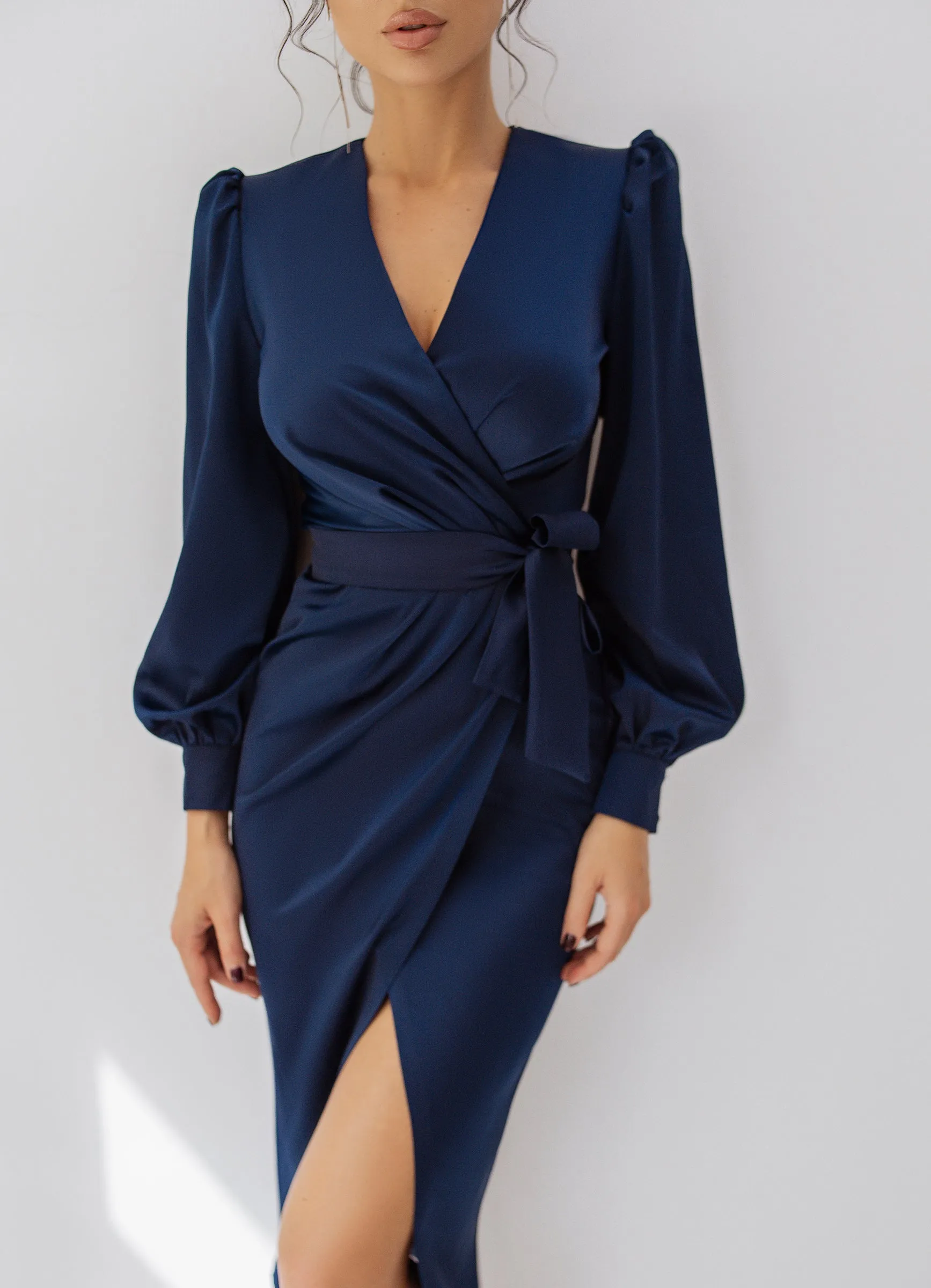 Navy Wrap Long Sleeve Midi Dress