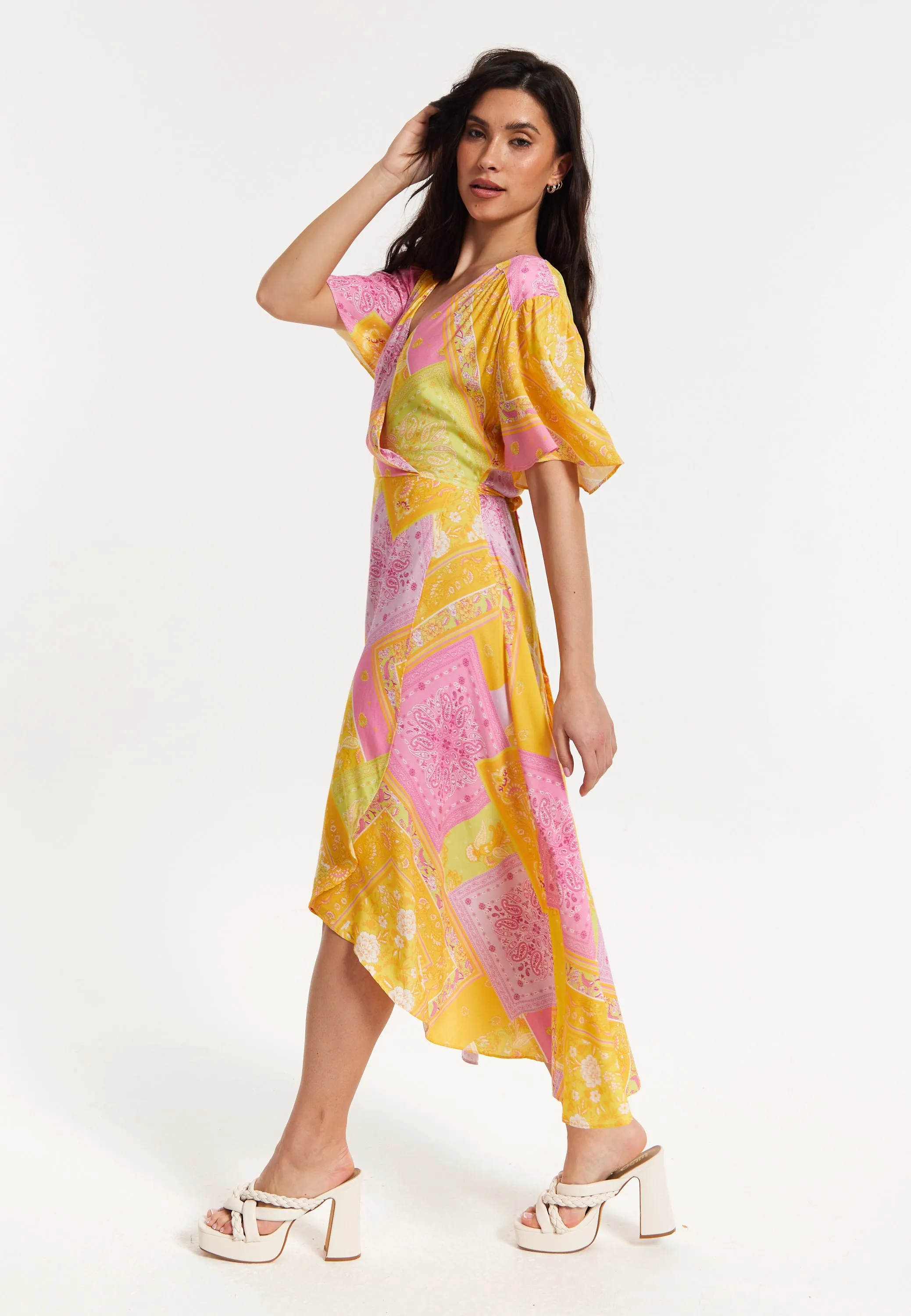Paisley Print Wrap Front Midi Dress