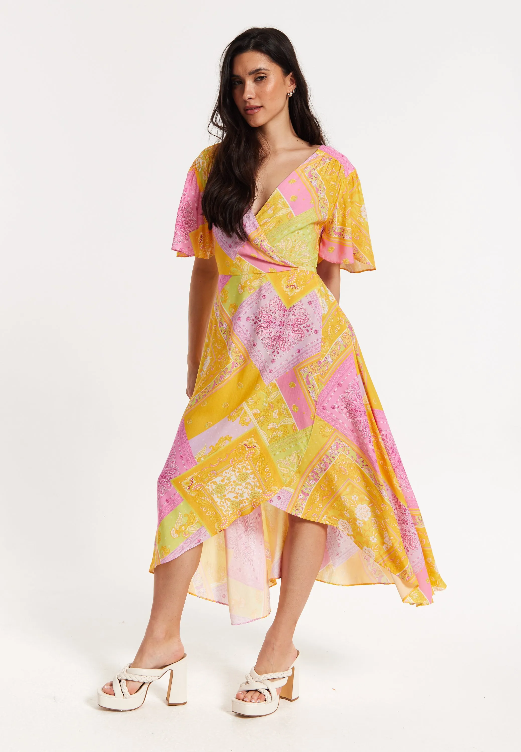 Paisley Print Wrap Front Midi Dress