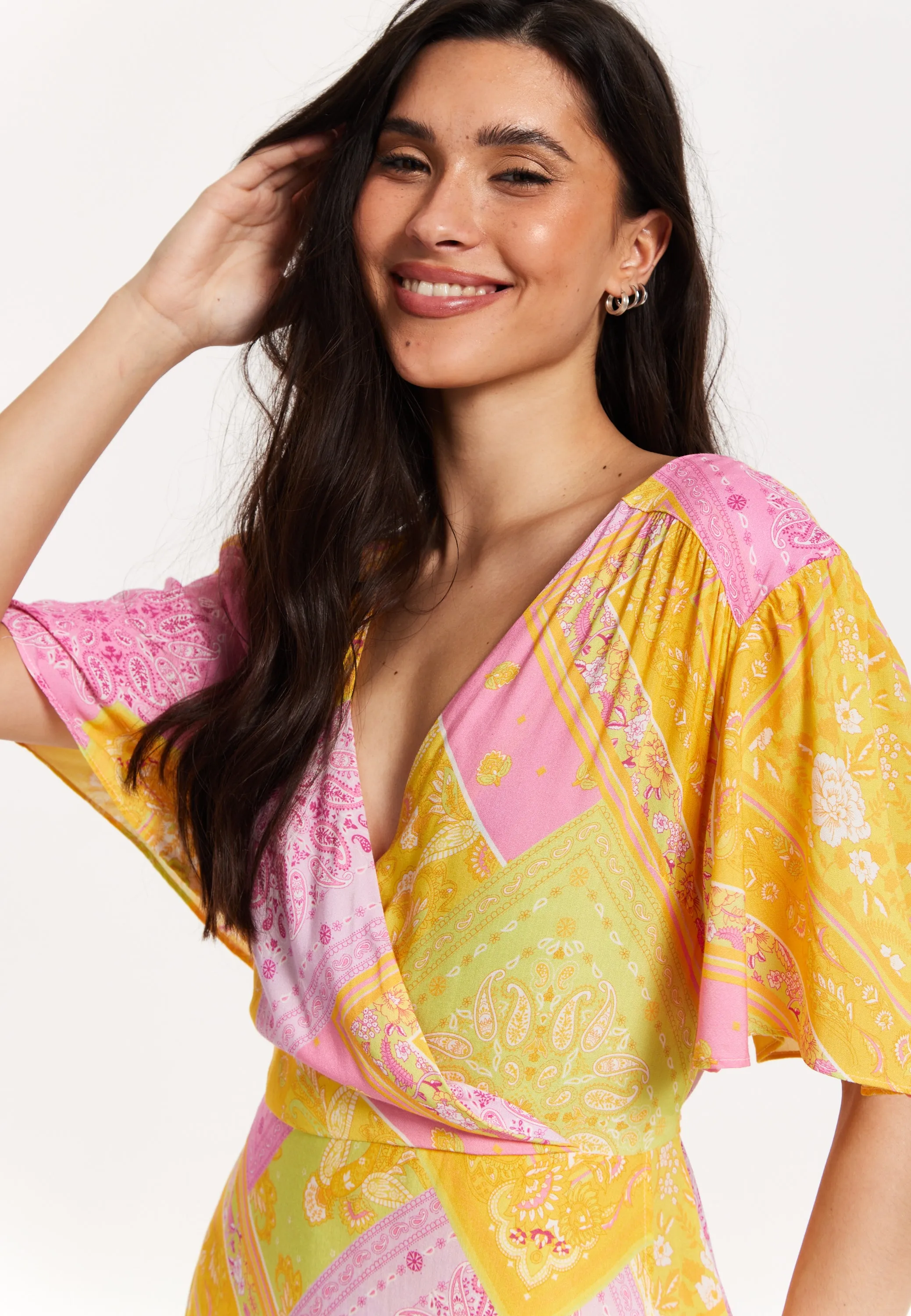 Paisley Print Wrap Front Midi Dress