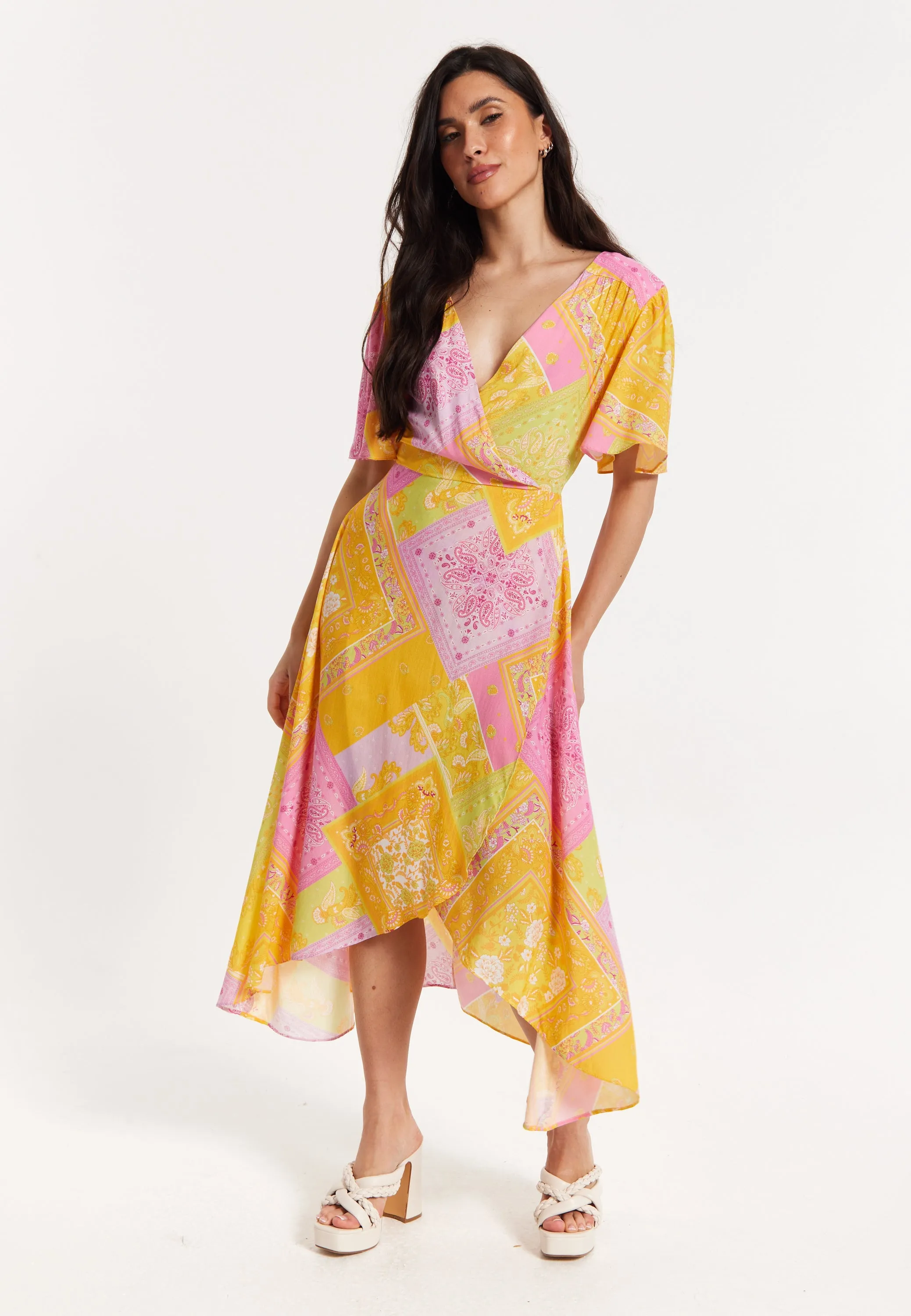 Paisley Print Wrap Front Midi Dress