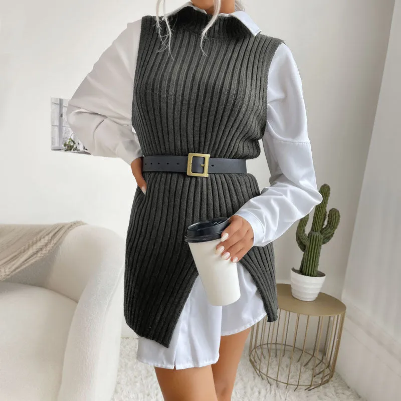 PEOPLETERRITORY New Popular trade autumn and winter 2023 Spice Girls women's clothing split fork medium and long retro vest knitted vest sweater