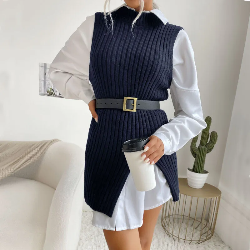 PEOPLETERRITORY New Popular trade autumn and winter 2023 Spice Girls women's clothing split fork medium and long retro vest knitted vest sweater