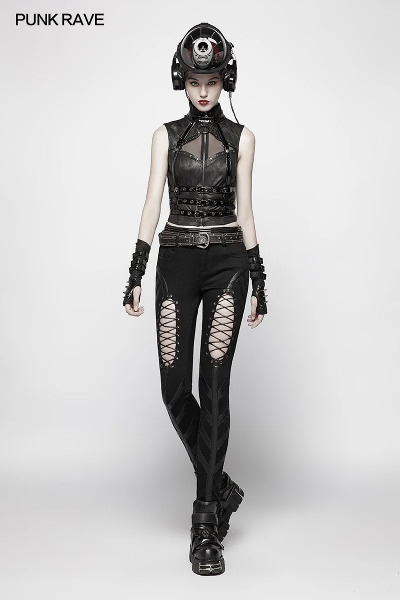 Punk High Neck Elastic Knitted PU Super Short Vest