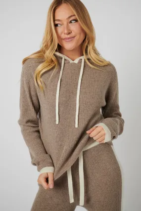 Rib Trim Cashmere Hoodie - Oat / White