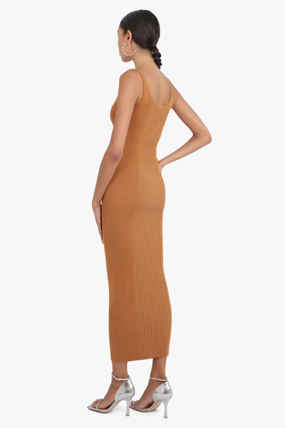 RIBBED KNIT DUAL FRONT ZIP MIDI DRESS | CAMEL