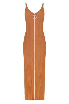 RIBBED KNIT DUAL FRONT ZIP MIDI DRESS | CAMEL