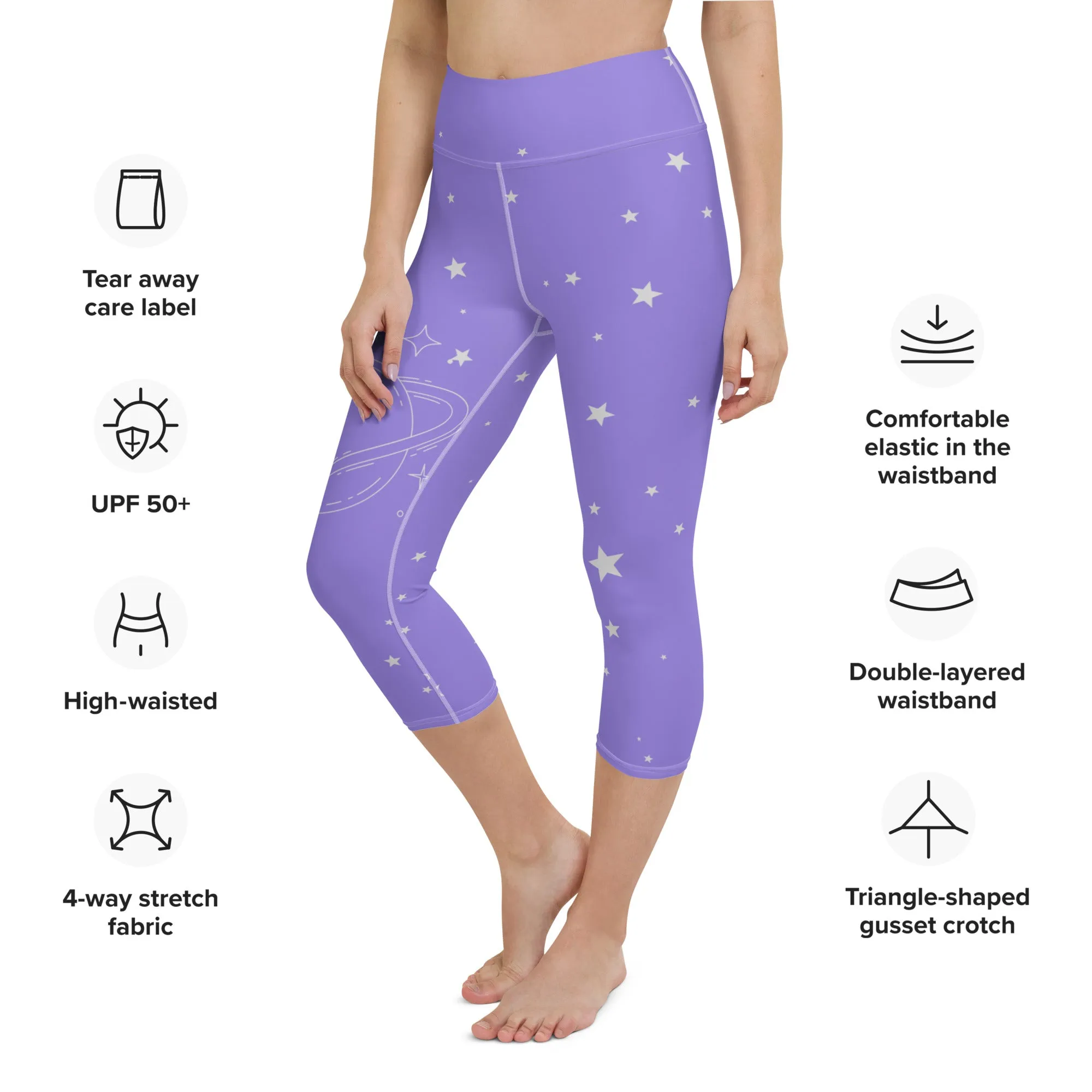 Saturn and Stars Yoga Capri Leggings | Fitness Capri Leggings, lioness-love