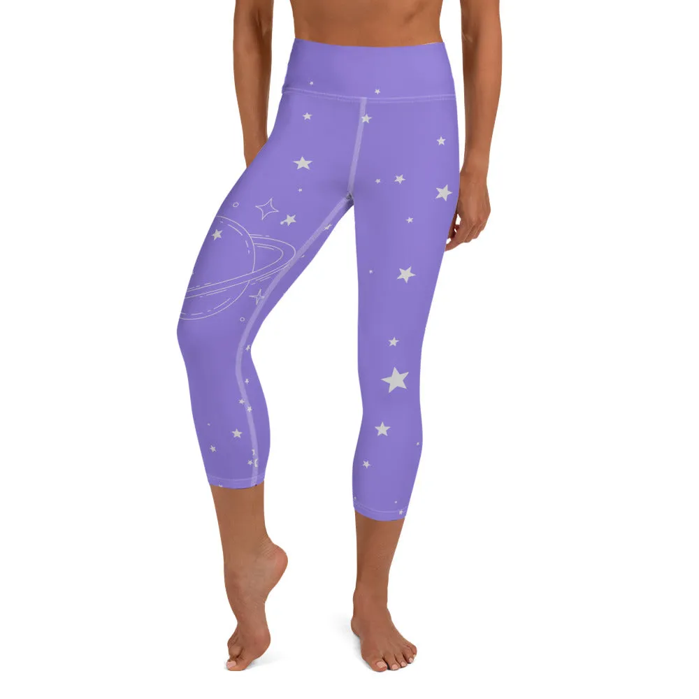 Saturn and Stars Yoga Capri Leggings | Fitness Capri Leggings, lioness-love