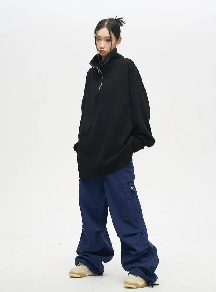 Semi High Neck Half Zip Oversized Knit Pullover