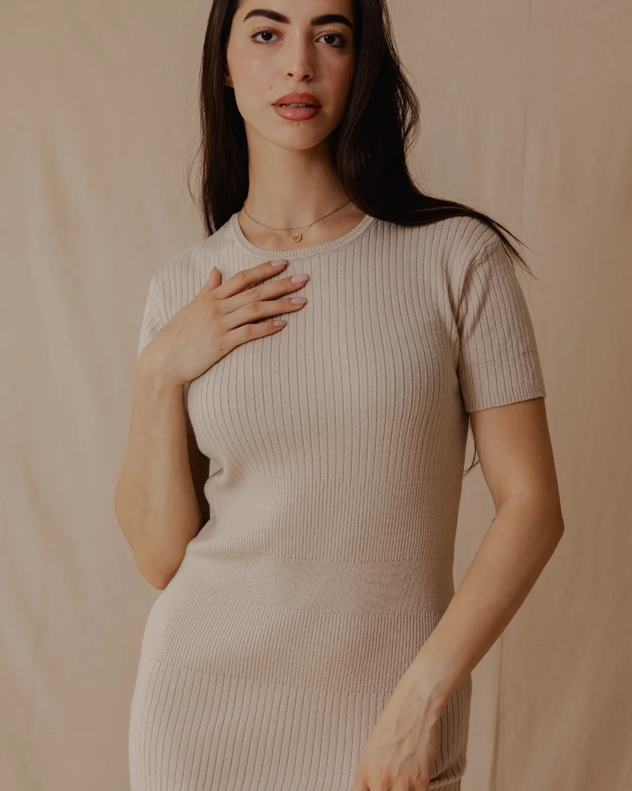 Short Sleeved Knit Dress Off-White