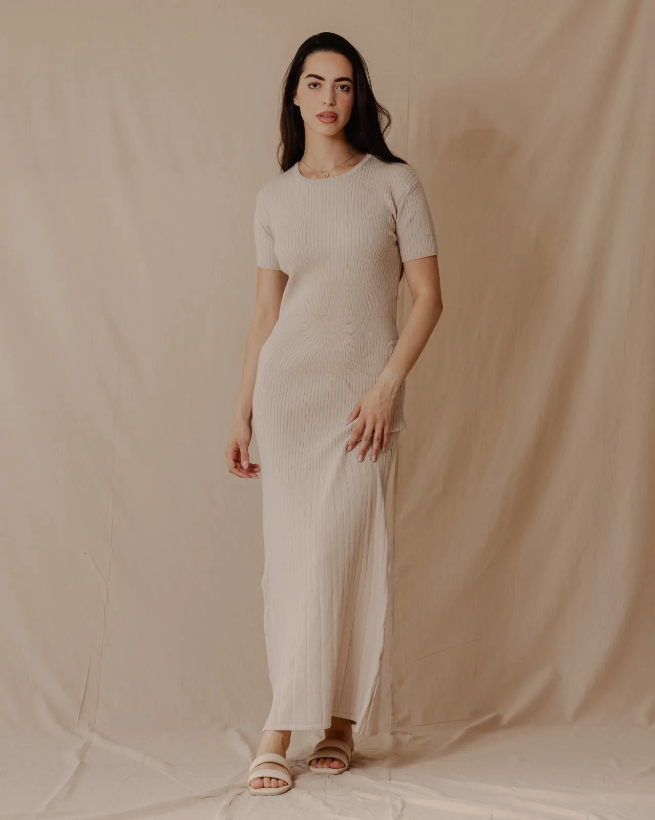 Short Sleeved Knit Dress Off-White