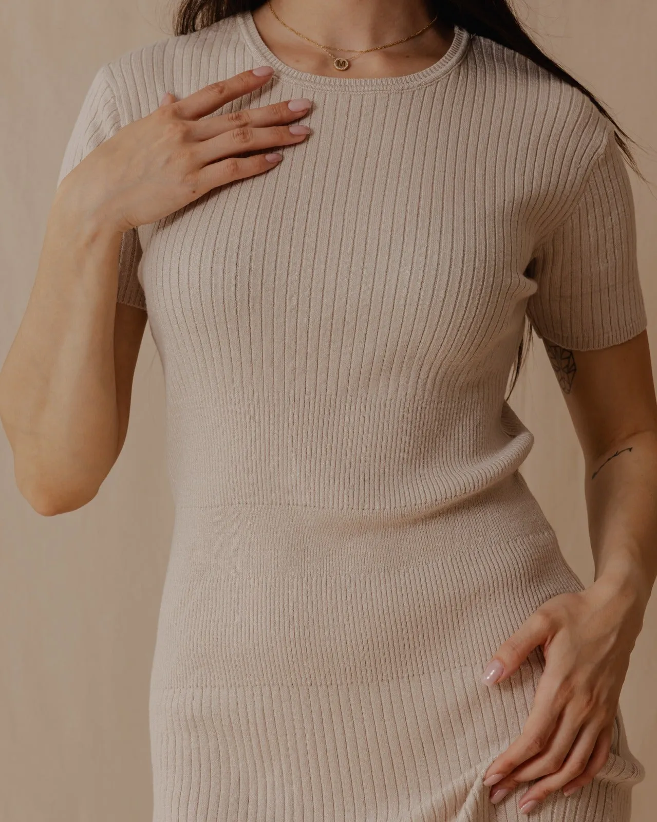 Short Sleeved Knit Dress Off-White