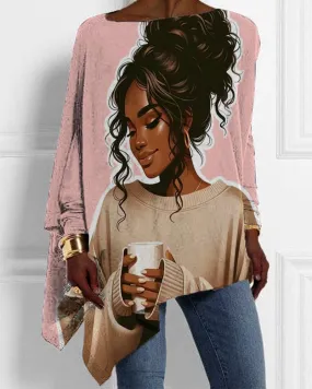 Simple Black Girl Cartoon Oil Painting Printed Irregular Top