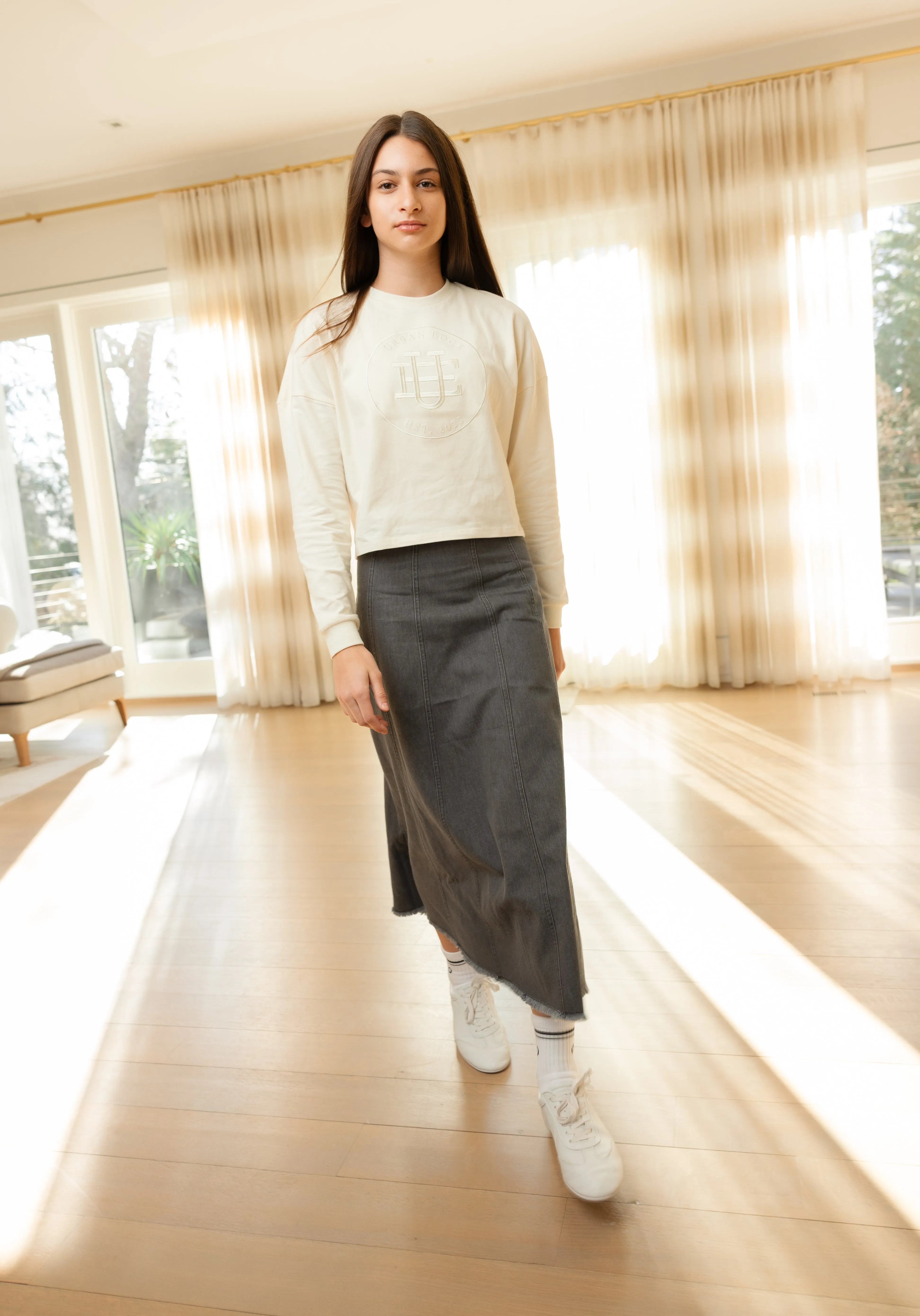 skirt midi paneled - black denim
