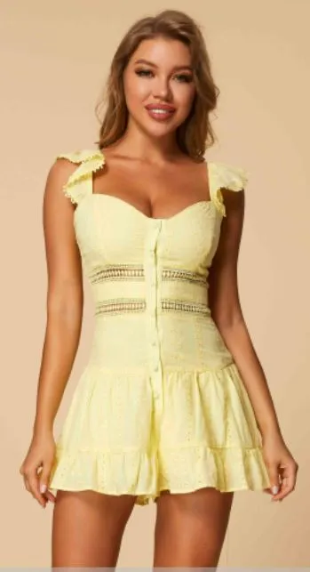 Sleeveless Solid V-Neck Lace Romper