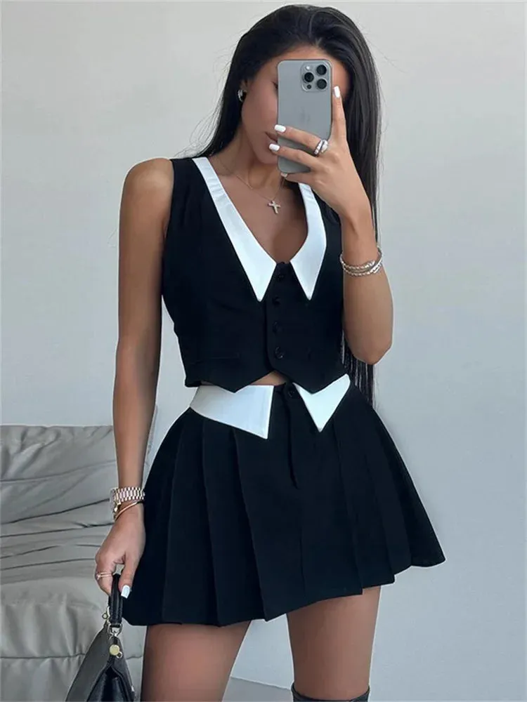 Sleeveless Top High Waist Pleated Skirt Suit