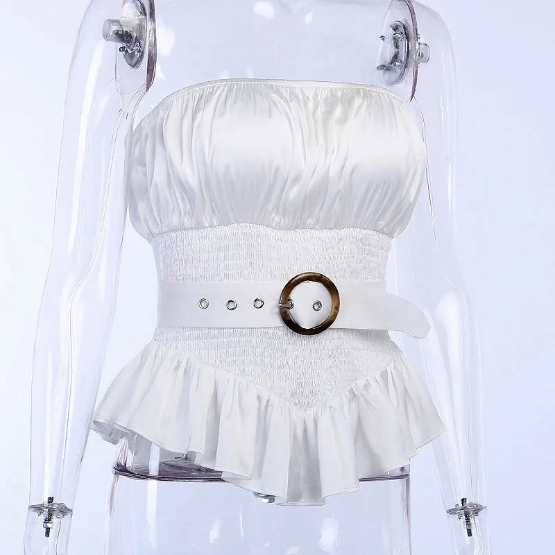 Solid Color Pleated Ring Sleeveless Women Ruffles Blouses