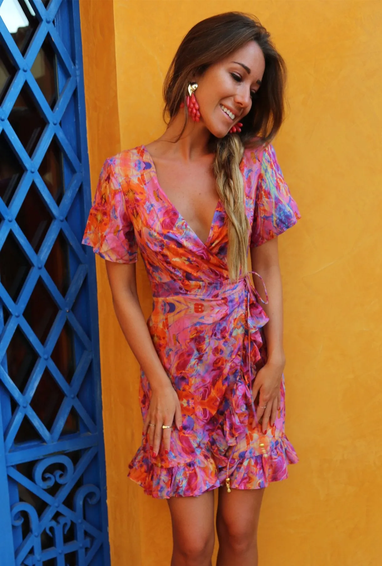 Sophia Alexia Mini Wrap Dress in Pink Fire