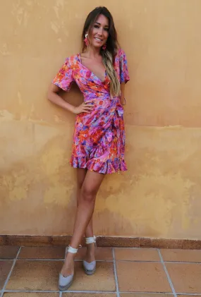 Sophia Alexia Mini Wrap Dress in Pink Fire