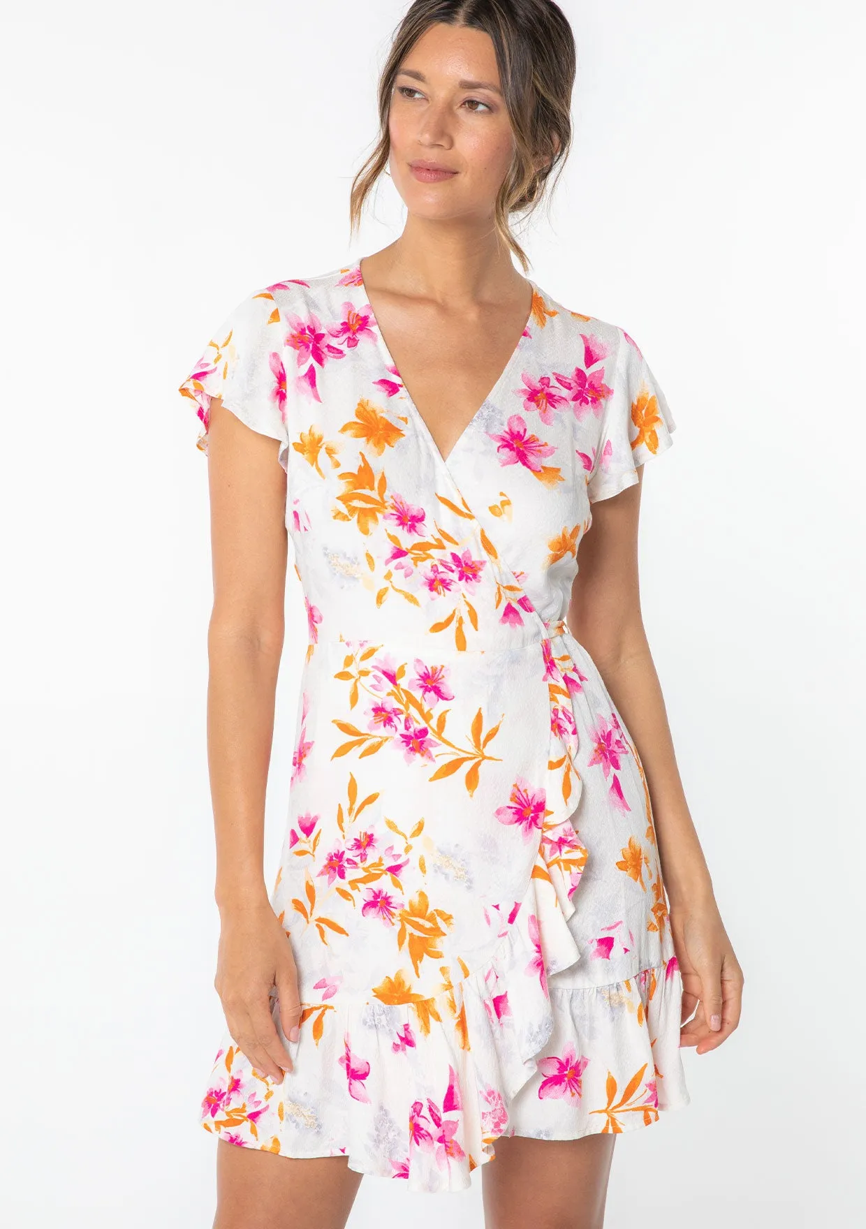 Summer Floral Flutter Sleeve Wrap Dress