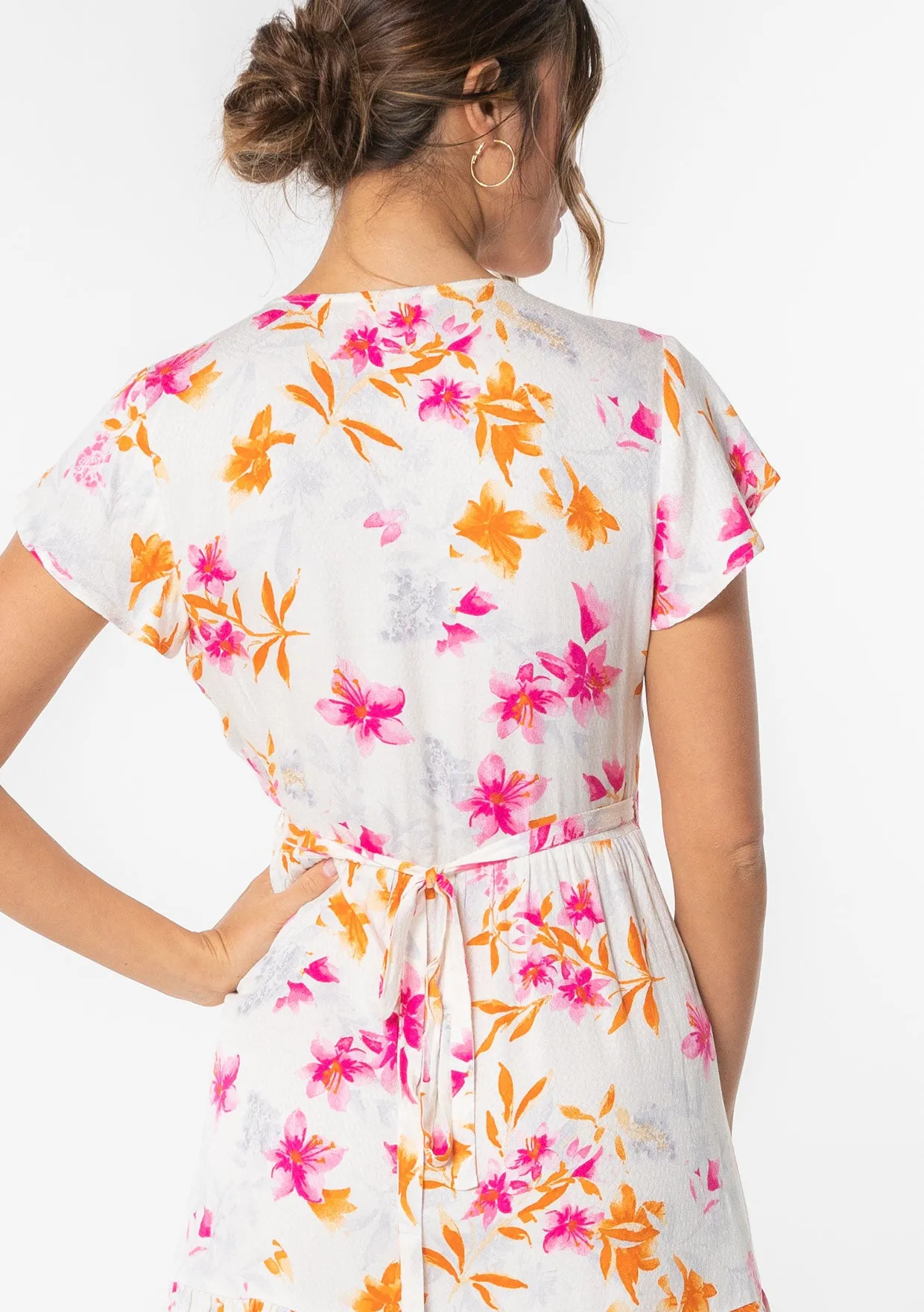 Summer Floral Flutter Sleeve Wrap Dress
