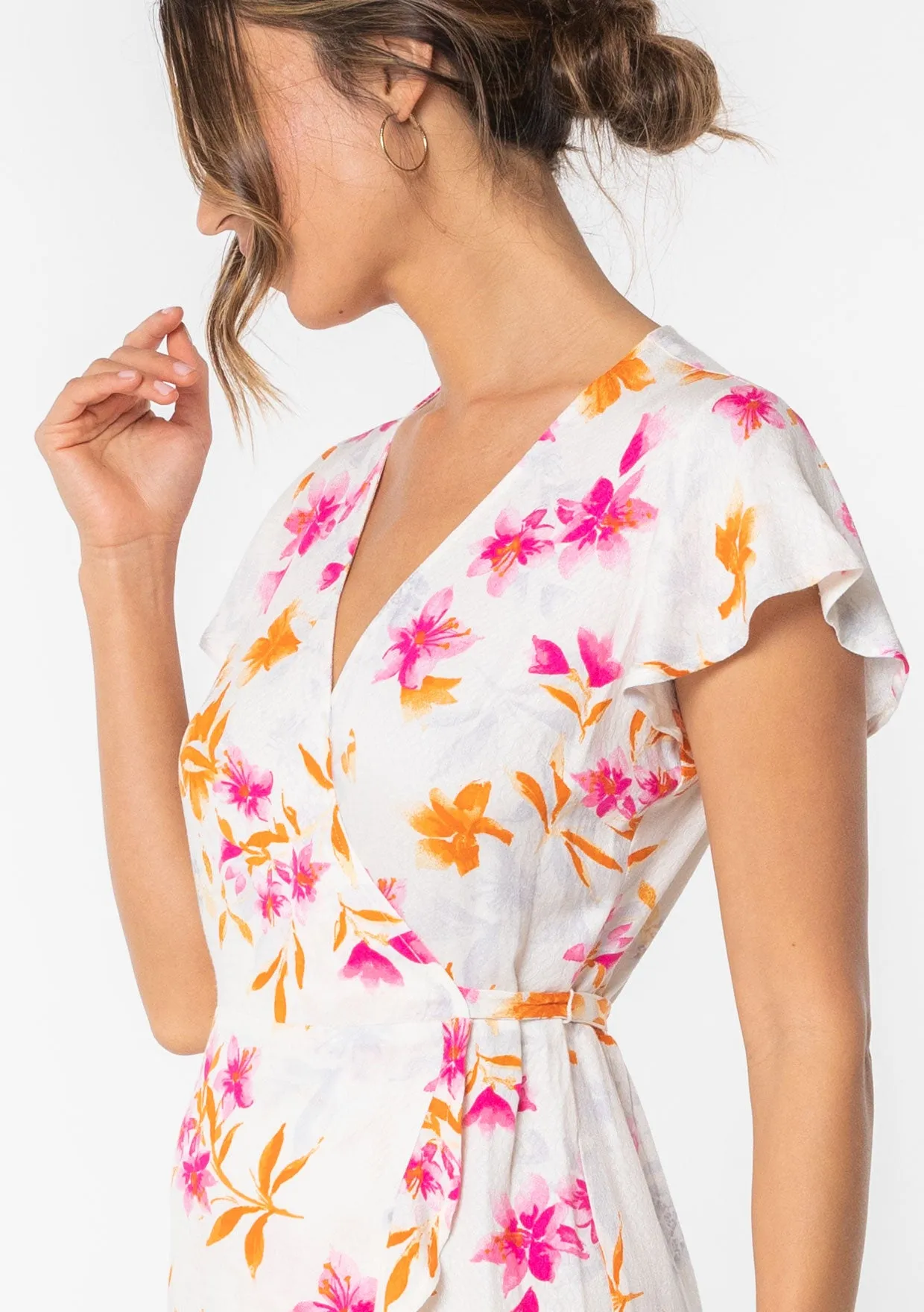 Summer Floral Flutter Sleeve Wrap Dress