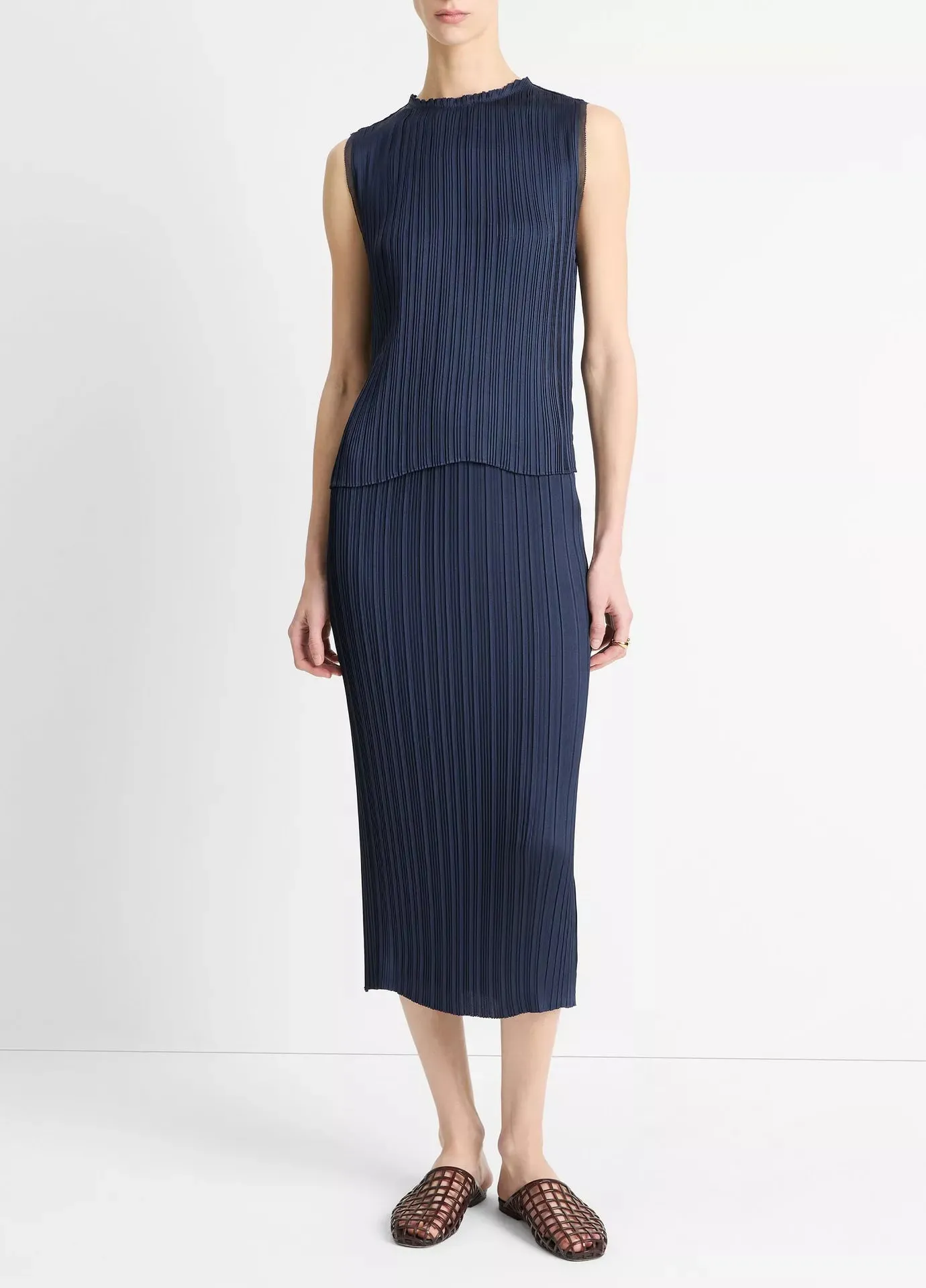 Vince Pleated Satin Crewneck Top