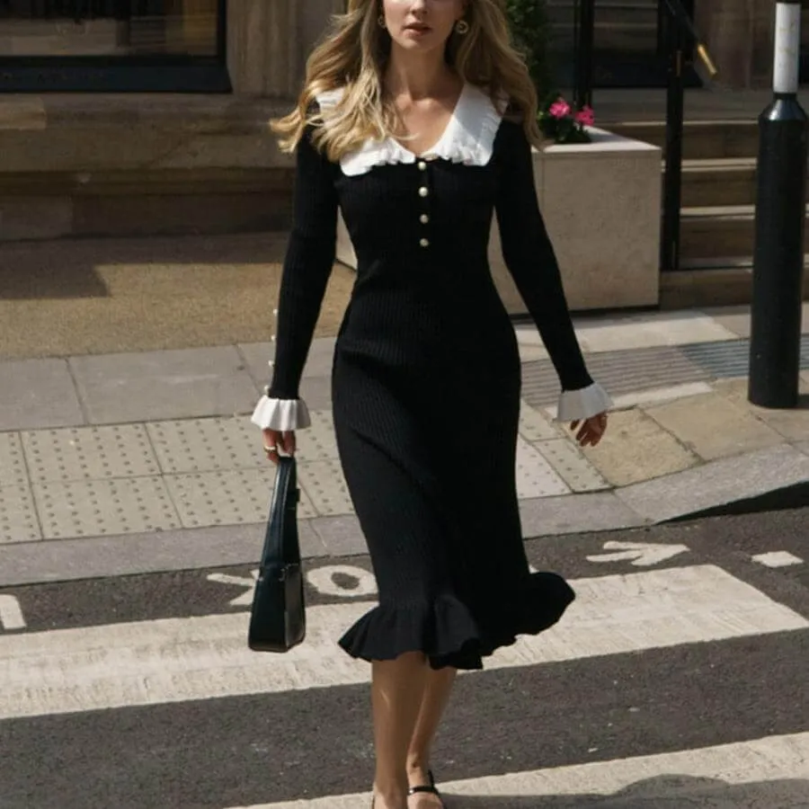Vintage lady ruffled knit Long dress