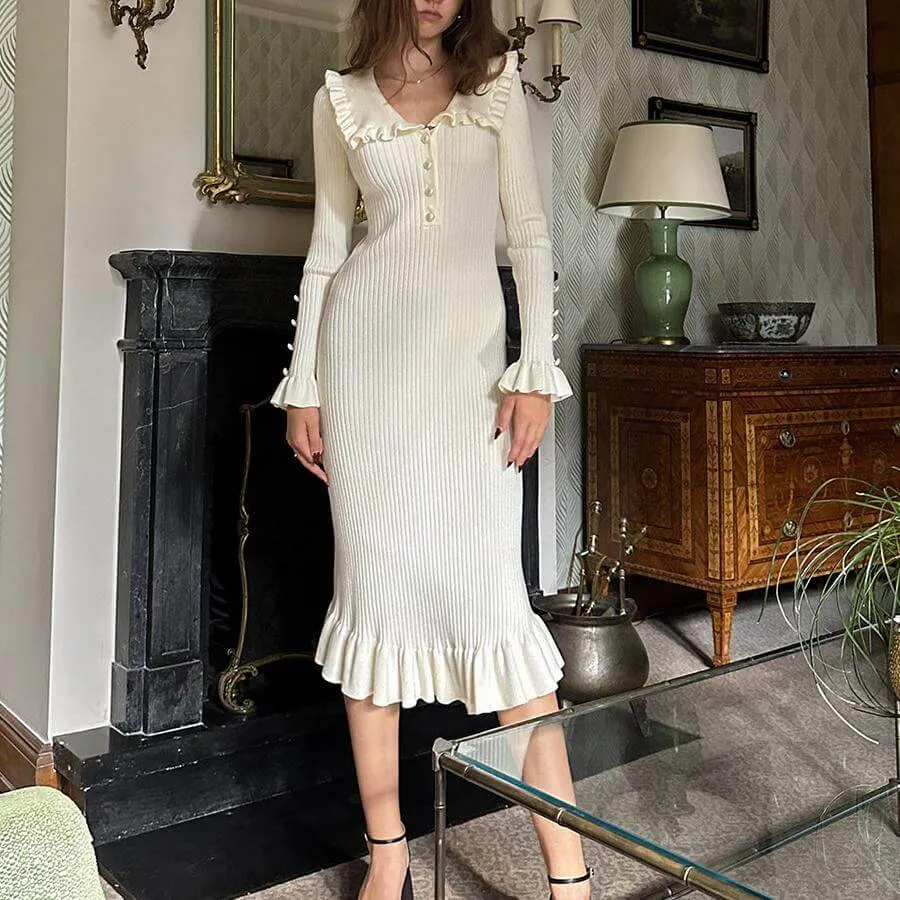 Vintage lady ruffled knit Long dress