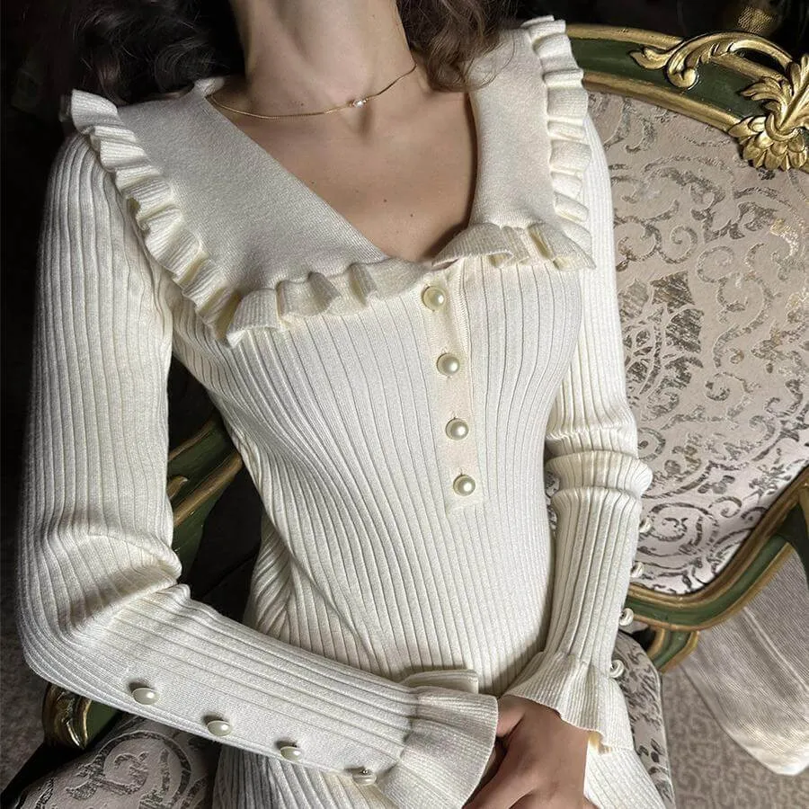 Vintage lady ruffled knit Long dress