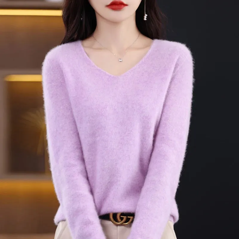 Wolle Damen pullover 2023 Herbst Winter Strick pullover V-Ausschnitt Loose Bottom ing Shirt solide weiche Strick pullover Basic Pullover