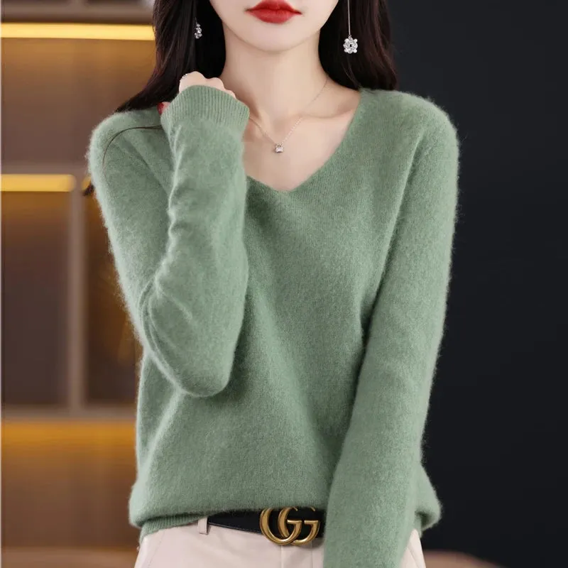 Wolle Damen pullover 2023 Herbst Winter Strick pullover V-Ausschnitt Loose Bottom ing Shirt solide weiche Strick pullover Basic Pullover