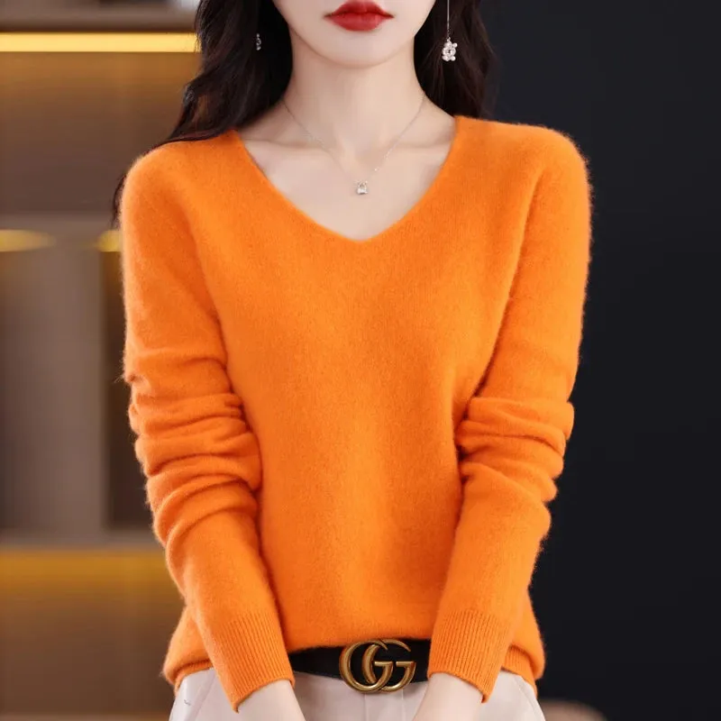Wolle Damen pullover 2023 Herbst Winter Strick pullover V-Ausschnitt Loose Bottom ing Shirt solide weiche Strick pullover Basic Pullover