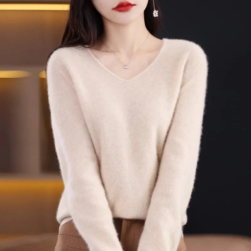 Wolle Damen pullover 2023 Herbst Winter Strick pullover V-Ausschnitt Loose Bottom ing Shirt solide weiche Strick pullover Basic Pullover