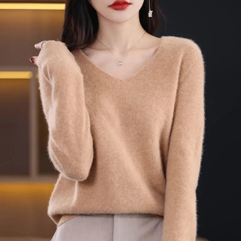 Wolle Damen pullover 2023 Herbst Winter Strick pullover V-Ausschnitt Loose Bottom ing Shirt solide weiche Strick pullover Basic Pullover