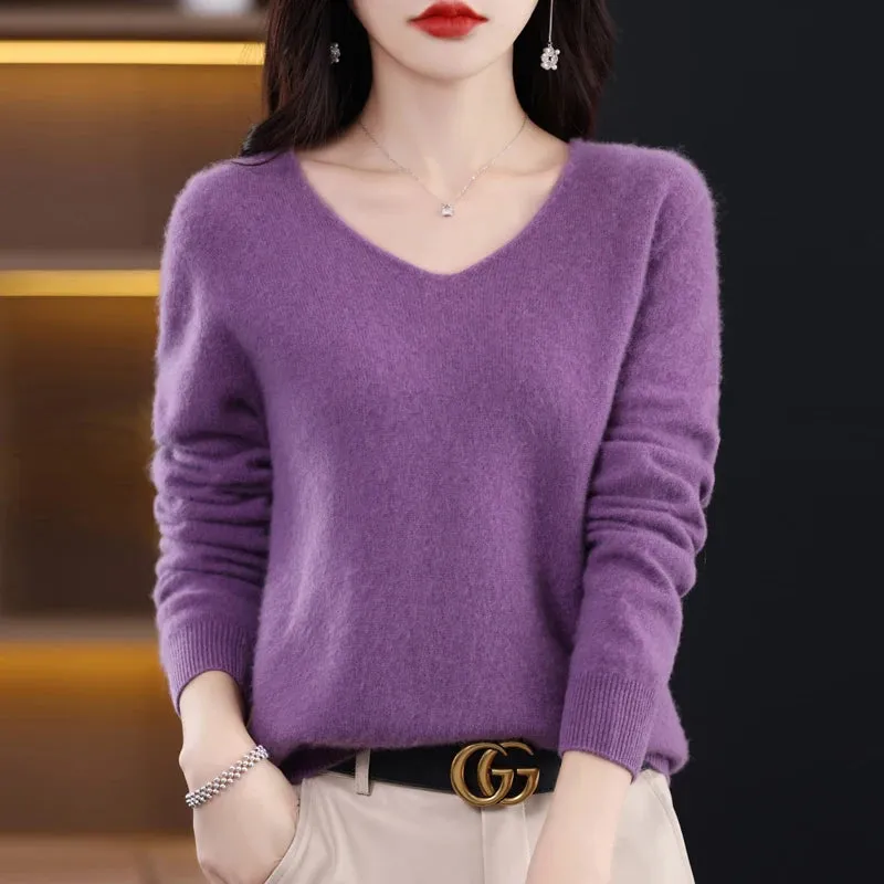 Wolle Damen pullover 2023 Herbst Winter Strick pullover V-Ausschnitt Loose Bottom ing Shirt solide weiche Strick pullover Basic Pullover