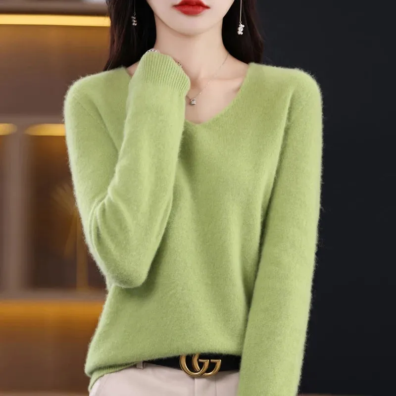 Wolle Damen pullover 2023 Herbst Winter Strick pullover V-Ausschnitt Loose Bottom ing Shirt solide weiche Strick pullover Basic Pullover